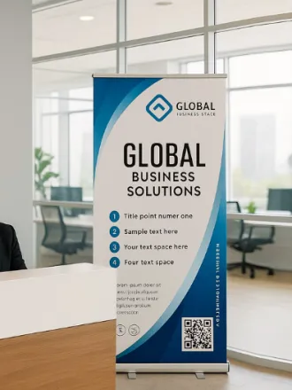 Printed roll-up banner in an office reception