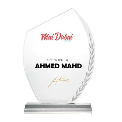 Personalized Crystal Awards with Engraved Leaf Design