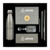 Gift Sets - A5 Notebooks, Metal Ball Pens, SS Bottles, Reel Badges, PVC Card Holders, Wireless Charging Mousepads, Desk Sign Holders with Black Cardboard Gift Box