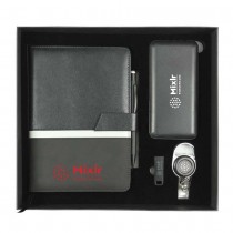 Black Gift Sets - A5 Notebook, Pen, 8000mAh Powerbank, Metal 8 GB USB, Reel Badge with Black Cardboard Gift Box