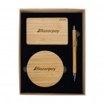 Personalized Logo Bamboo Tech Gift Sets - Charging pad, Powerbank 5000mAh, Bamboo Pen, Kraft Gift Box