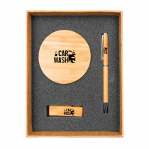 Personalized Logo Eco-Friendly Gift Sets - Bamboo Wireless Charger, USB Flash Drive, Pen 