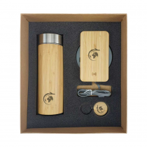 Personalized Logo Eco-Friendly Gift Sets - Bamboo Flask, Wireless Charger Stand, Metal Keychain 
