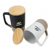 Personalized Logo Two-toned Ceramic Mugs with Bamboo Lid, Clay Bottom