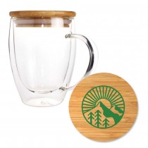 Promotional Double Wall Clear Glass Mug with Bamboo Lid 