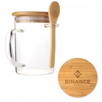 Personalized Logo Clear Glass Mug with Bamboo Lid and Spoon 