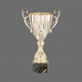 Classic Metal Golden Trophy - Marble Base with Metal, Acrylic or Digital Sticker Branding - Awards - Additional Sizes (Cup with 2 Handles)
