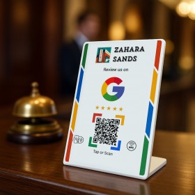Acrylic Google Review NFC Stand – L-Shape, White Matte, Custom Logo & QR Code, Canva Template Included