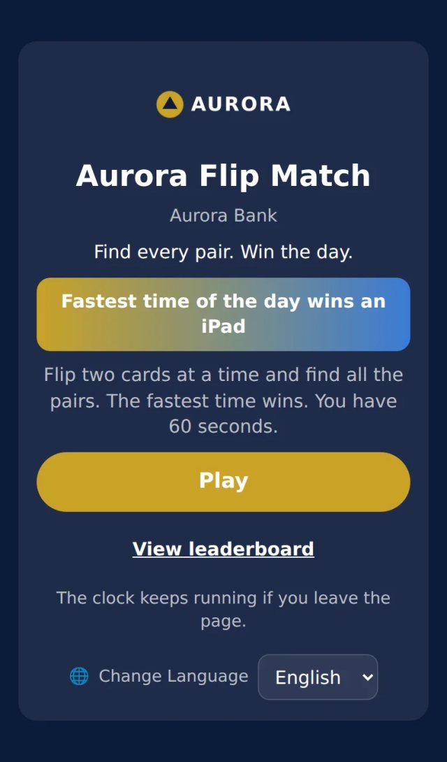 Branded game start screen with the exhibitor logo, tagline and prize text