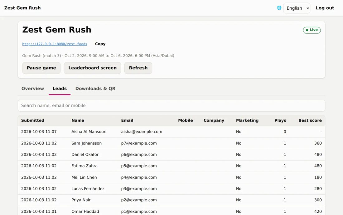 Exhibitor dashboard listing captured exhibition leads with consent and marketing opt-in columns