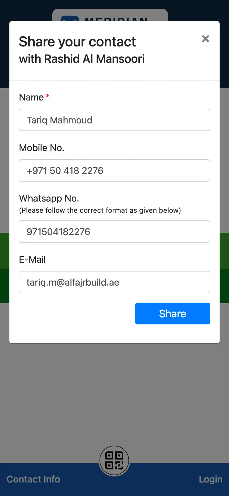 Exchange Contact form where the prospect shares their name, mobile, WhatsApp and email with the employee