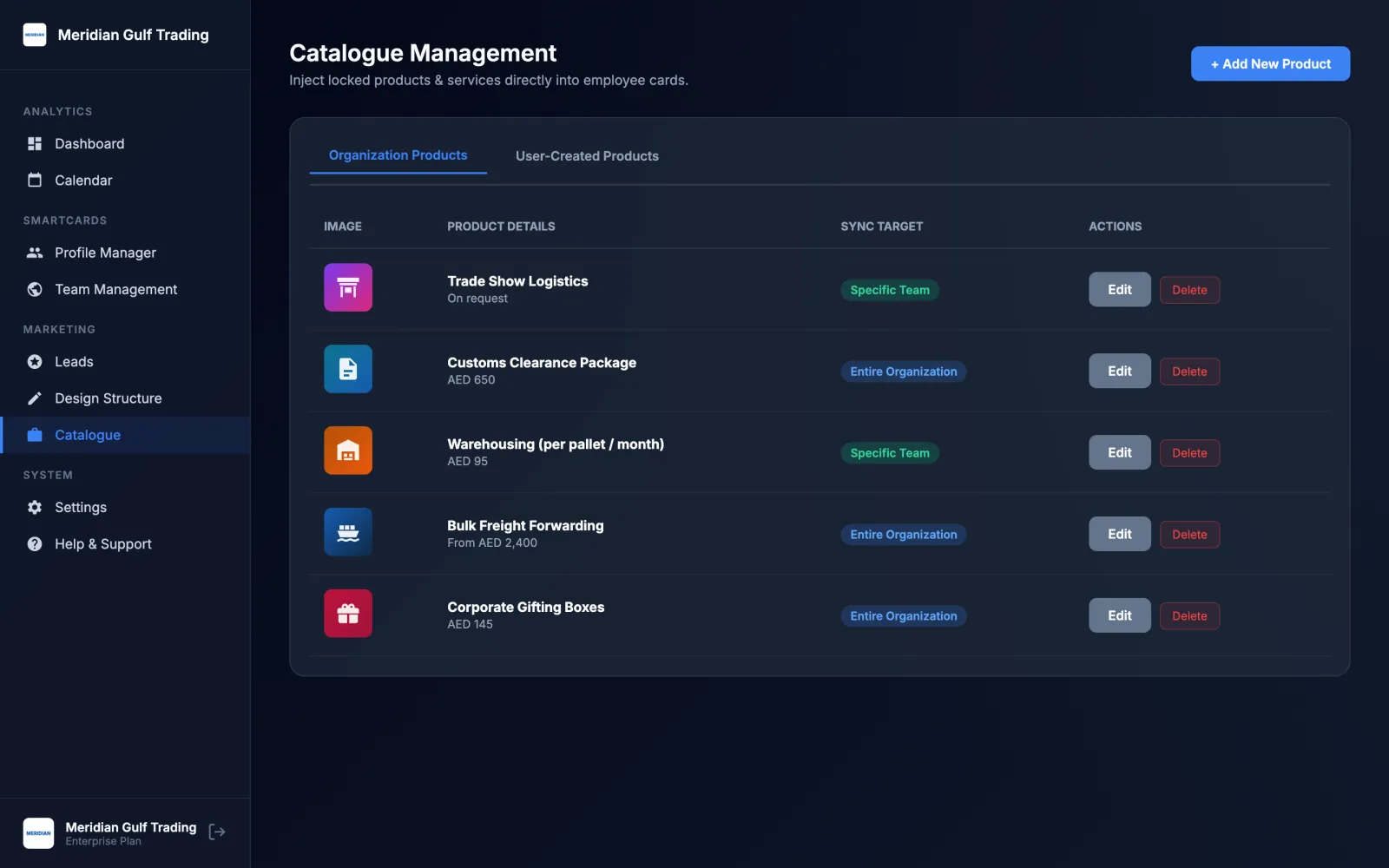 Catalogue Management listing organization products with images, prices and sync targets