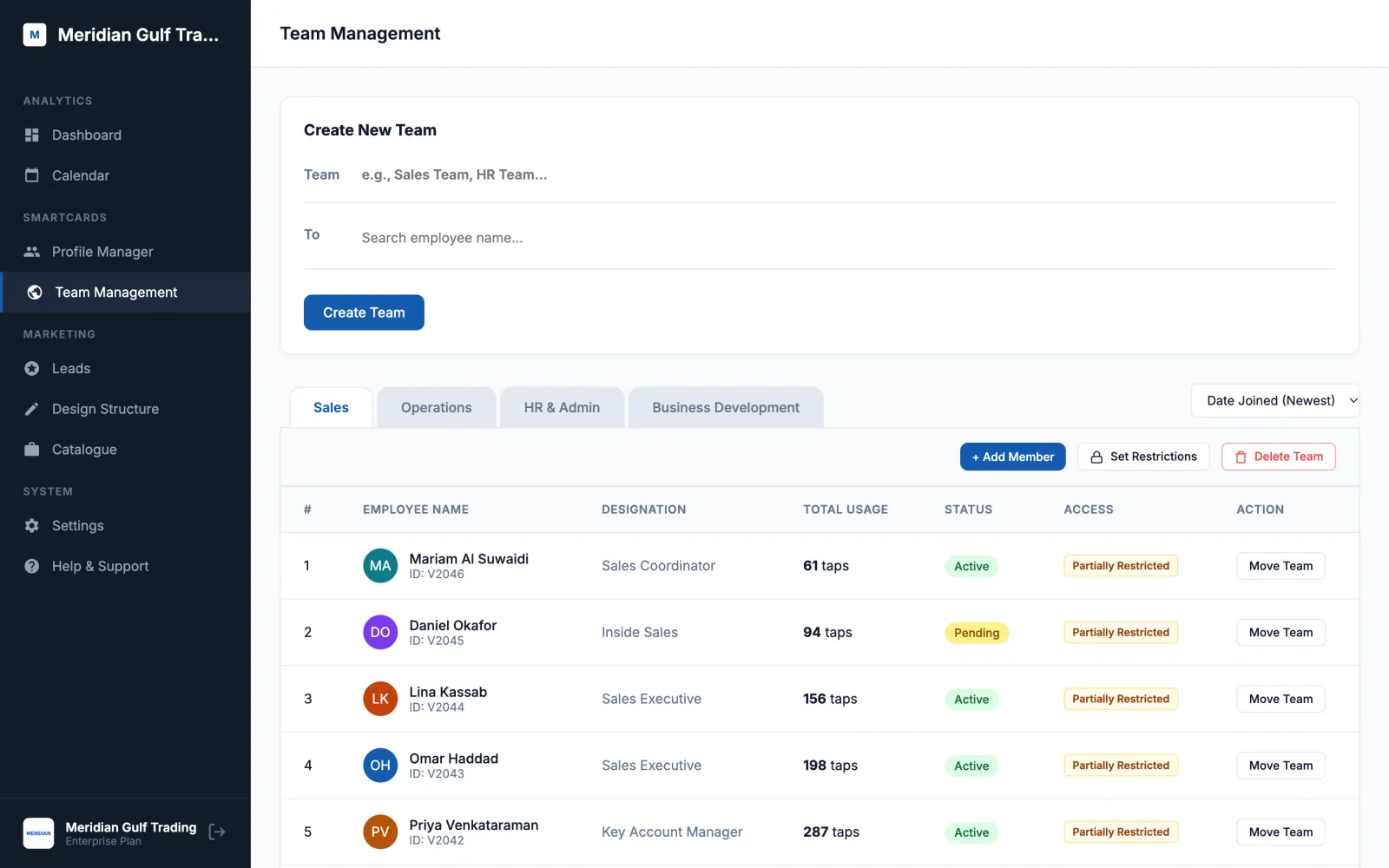 Team Management screen with a Create New Team box, team tabs and a team table showing each member's access level