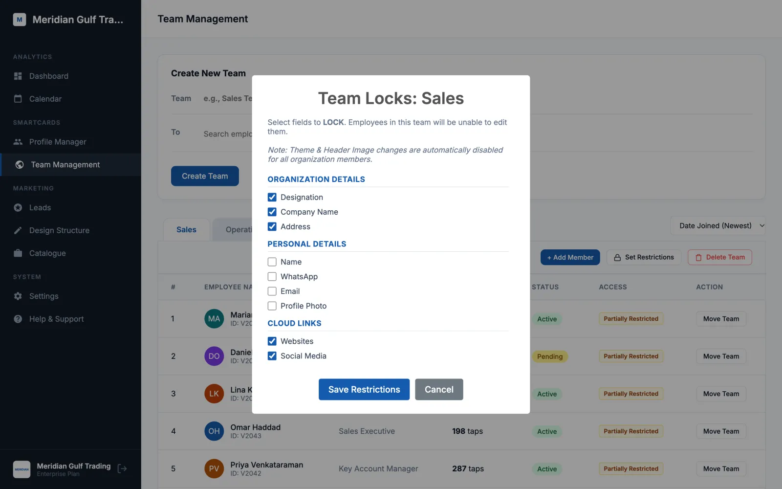 Team Locks dialog for the Sales team with designation, company name, address, websites and social media selected as locked fields